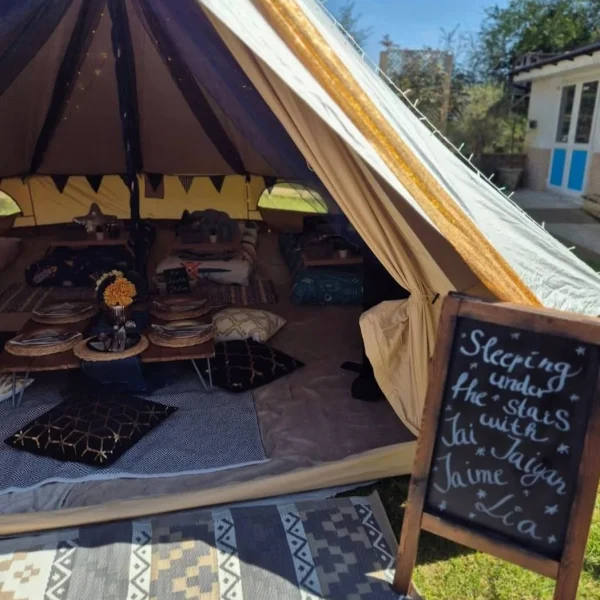 bell-tent-garden-glamping-hire-essex-picnic-inside-tent