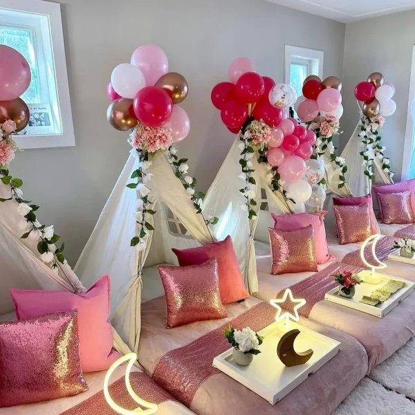 teepee-sleepover-party-hire-essex-pink-balloons-low-table